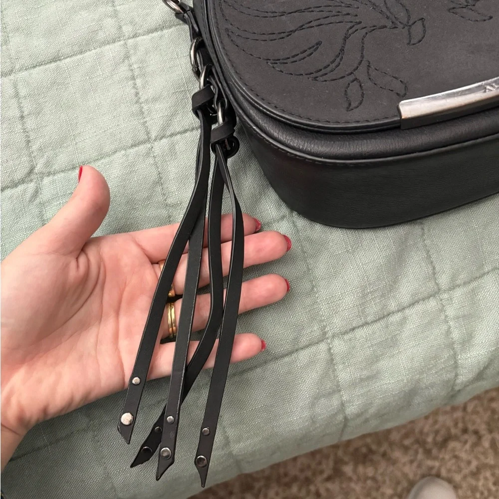 Aldo Black Western Boho Crossbody Saddle Bag | Embroidered Tassel Chain Purse